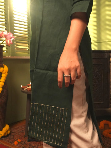 Bottle Green Kantha Cotton Kurta