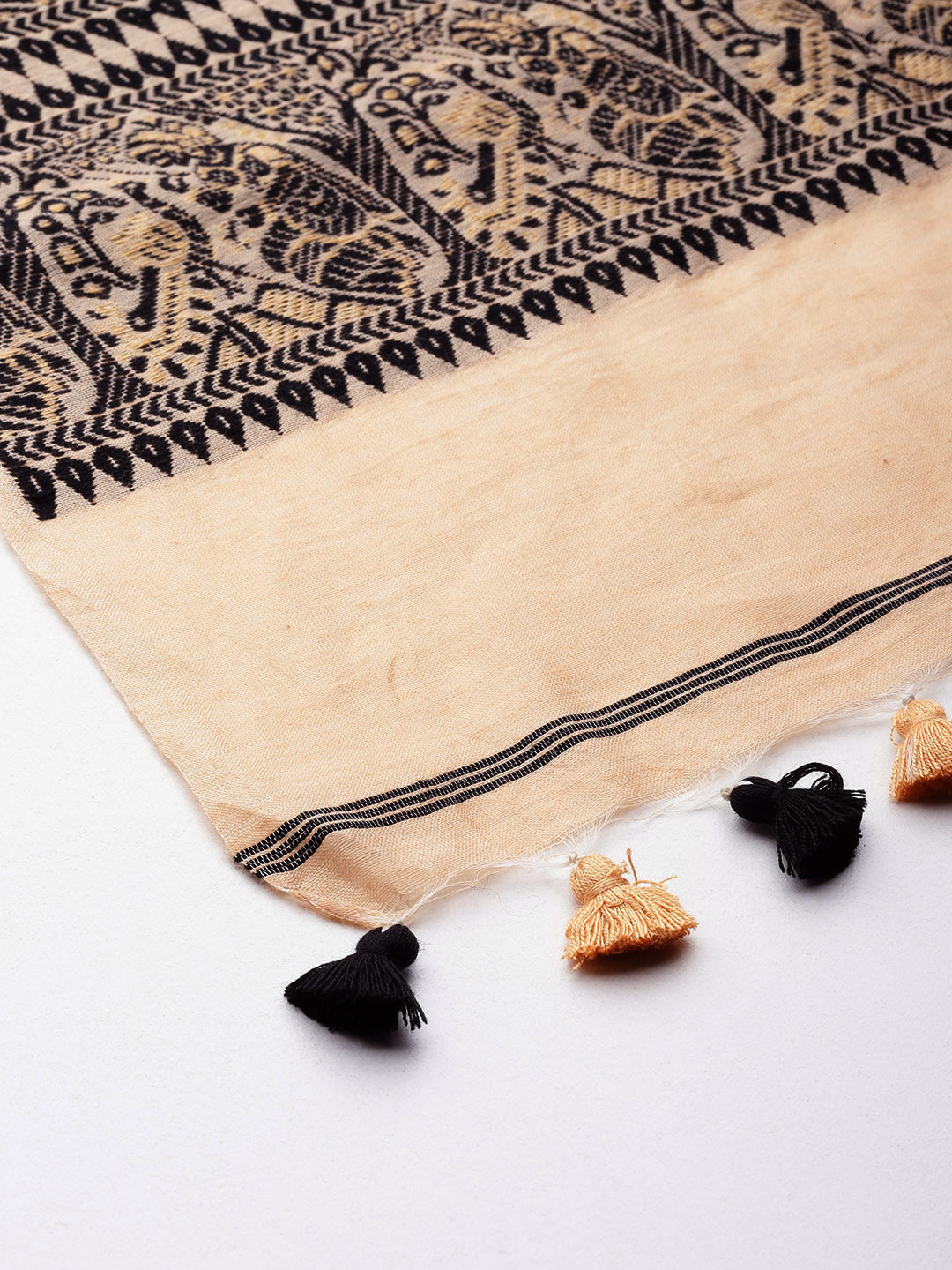 Beautiful Beige & Black Baluchari Silk Cotton Dupatta