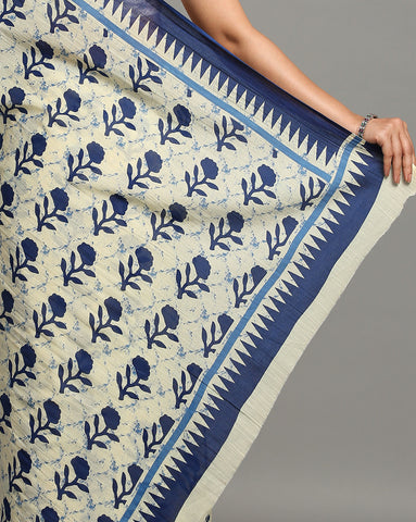 Cream Pure cotton Printed Saree with blouse piece