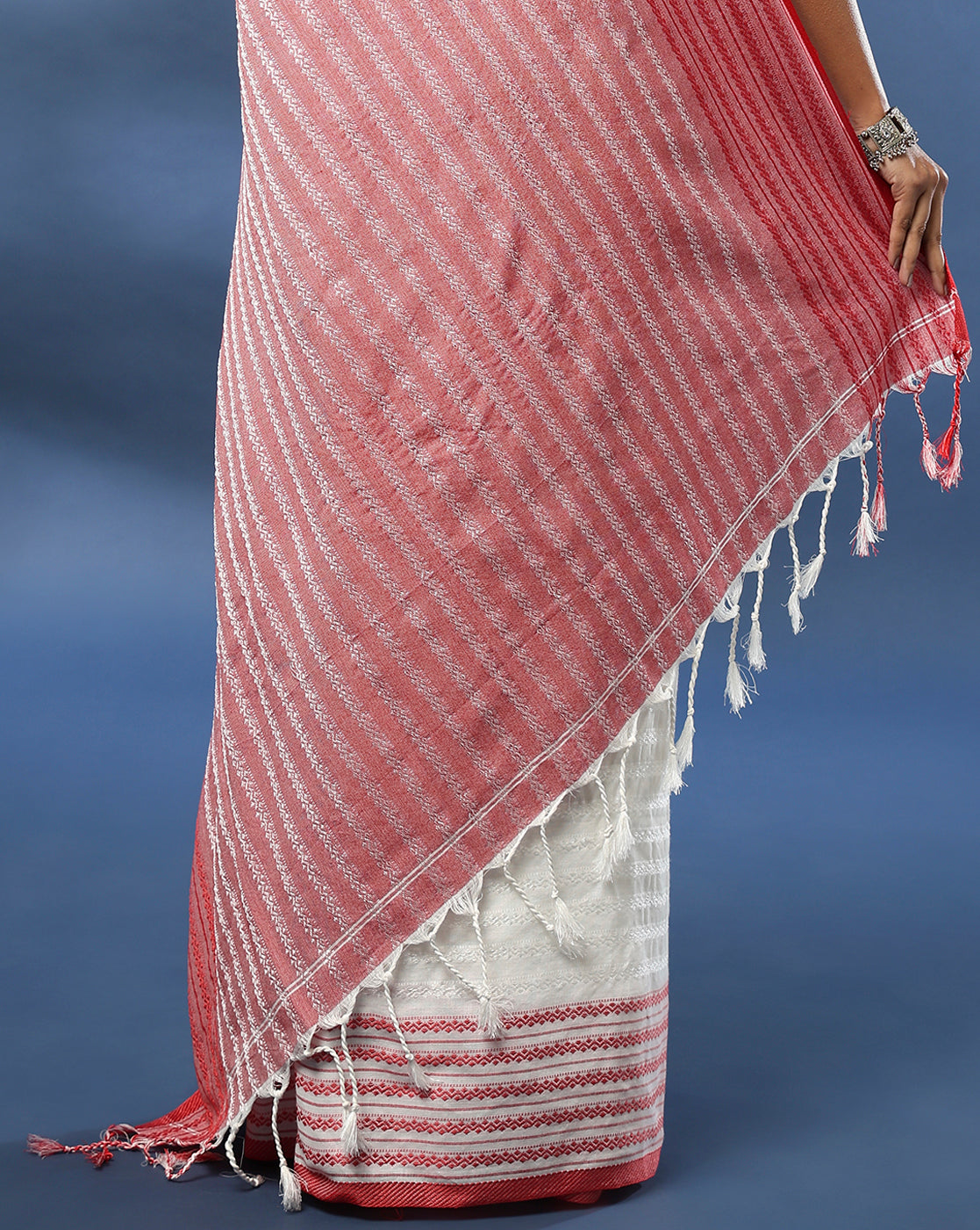 ArtEastri White Red Cotton Saree with Blouse piece