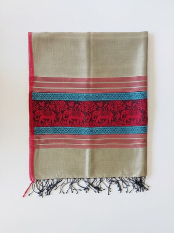 Sage Green Red Blended Silk Handloom Baluchari Dupatta
