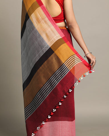 Handloom Colour block Cotton Saree with pompoms