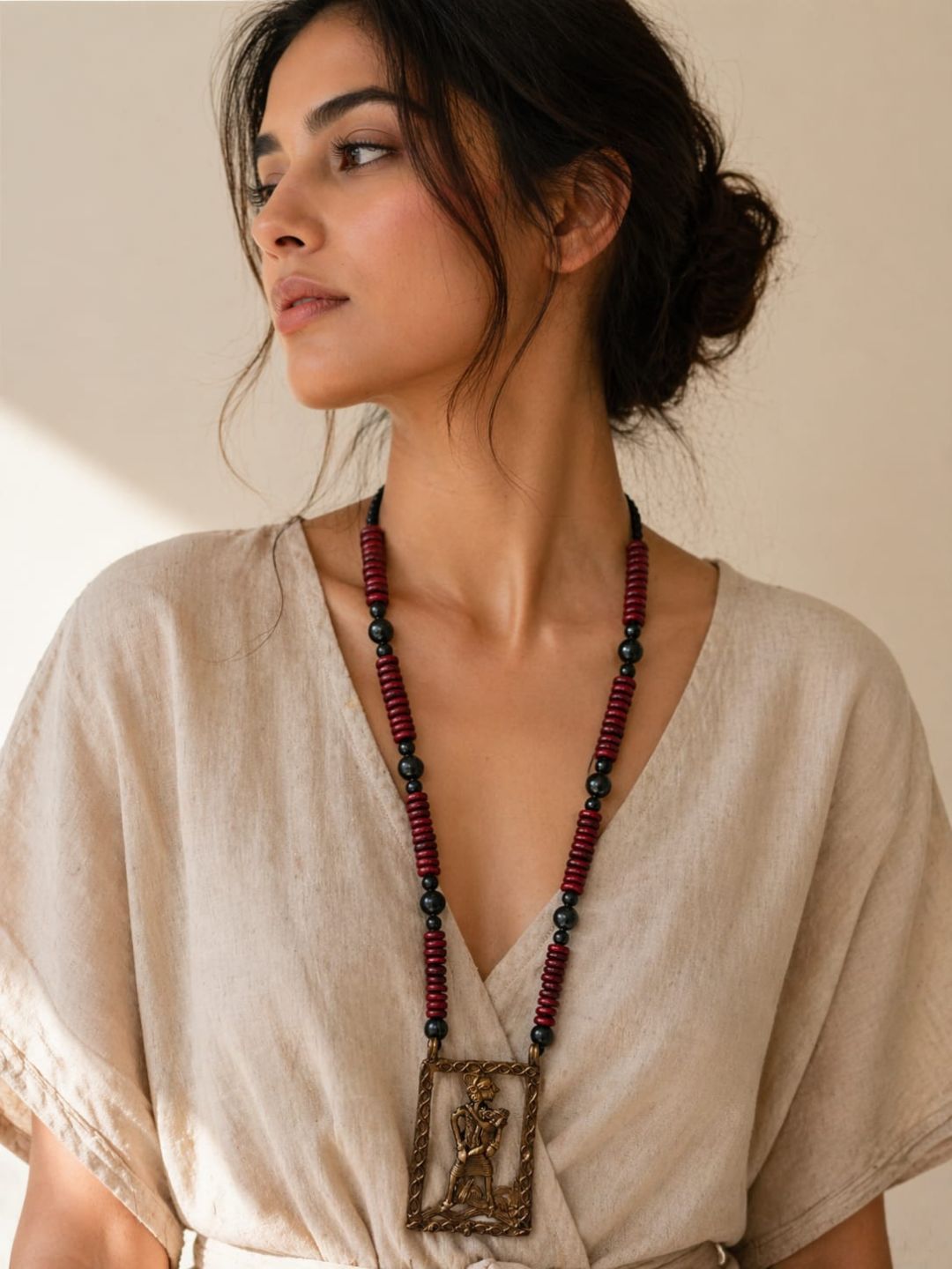 Handmade Dokra Mother Child Necklace on Wooden beads