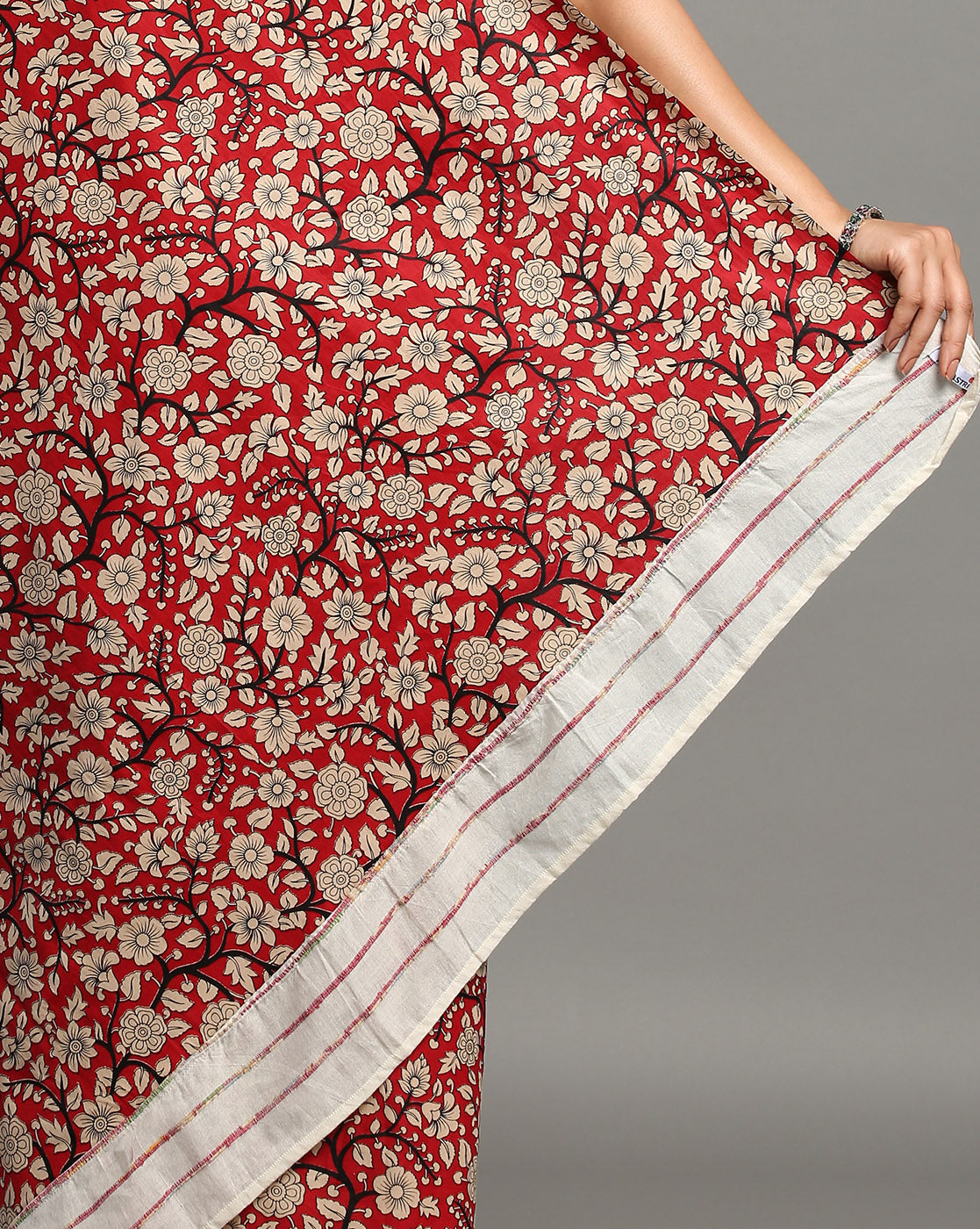 ArtEastri White Red Ajrak Print Khesh Cotton Saree with Blouse piece