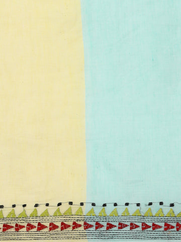 Blue Pink Pure Cotton Kantha Stitch saree