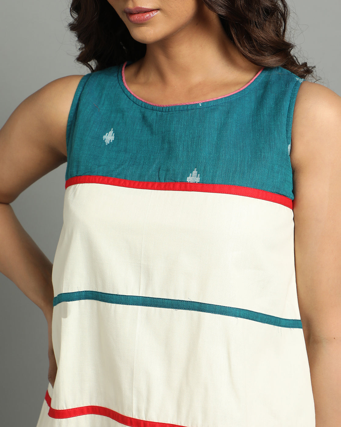 Cream Teal Green Cotton Handloom Striped dress