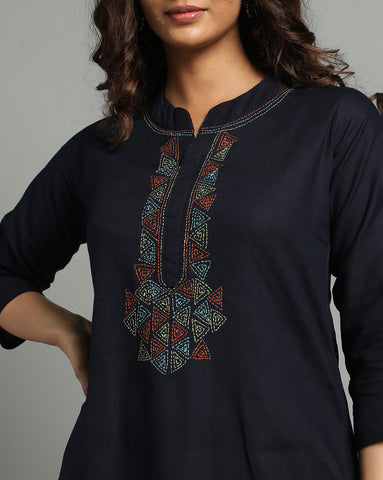 Navy Kantha Cotton Kurta