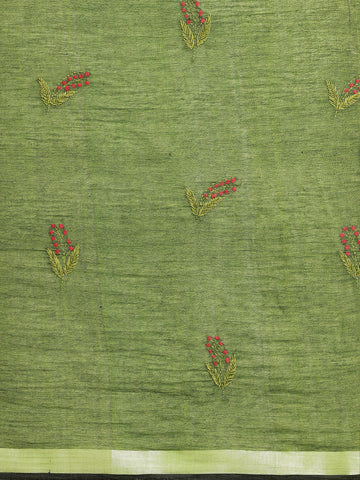 Green & Blue Multi Colourblock Handloom Cotton Kantha Stitch Saree