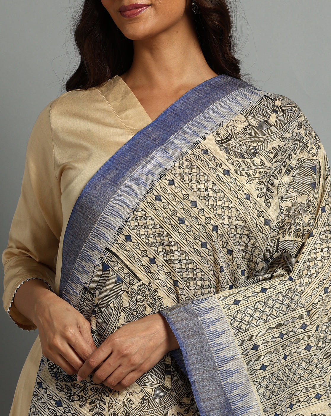 Pure Cotton Madhubani Print Dupatta- Machli Design