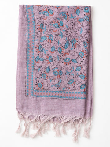Mauve Floral Cotton Kantha Stitch Stole