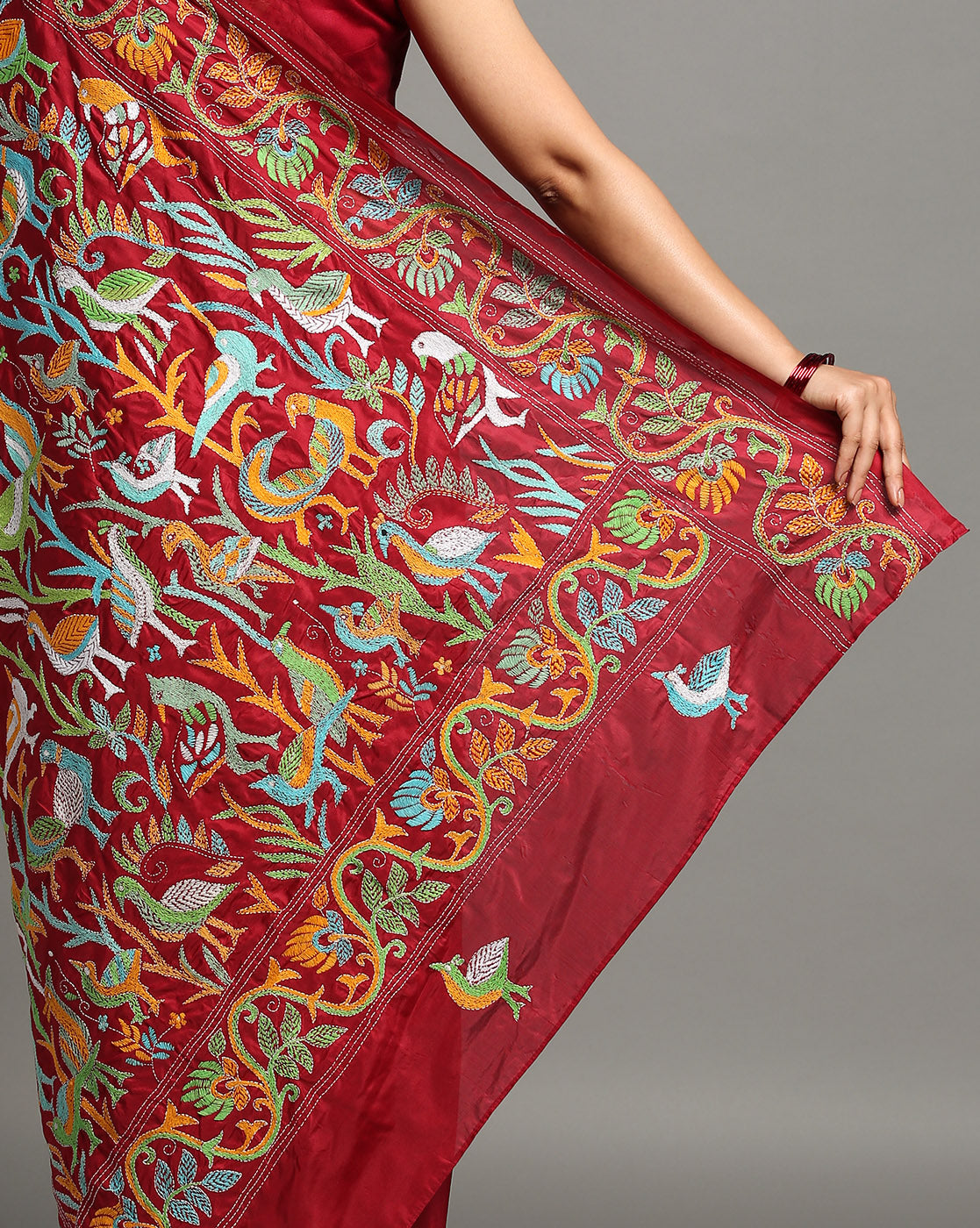 ArtEastri Red Bird Design Artsilk Saree with Blouse piece