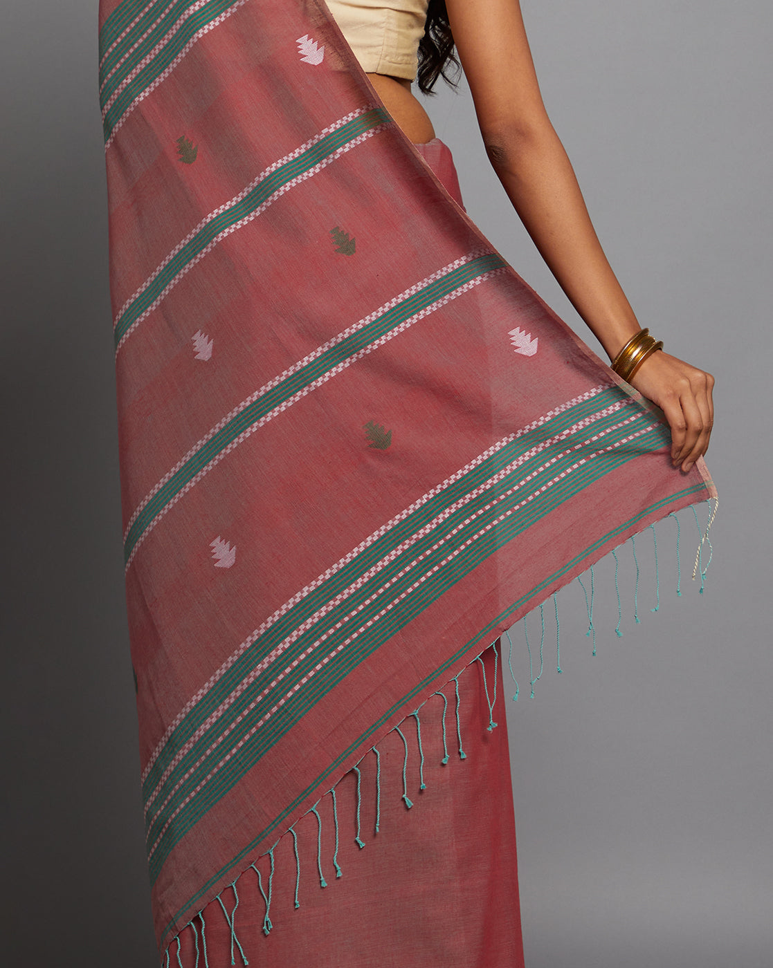 Pink Green Jamdani Cotton Saree