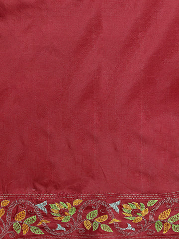 ArtEastri Red Bird Design Artsilk Kantha Saree with Blouse piece