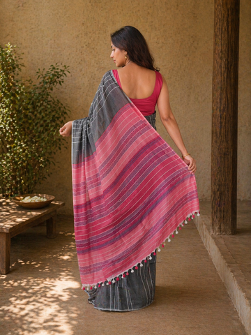 Grey Pink Striped Cotton Handloom Kantha Stitch Saree