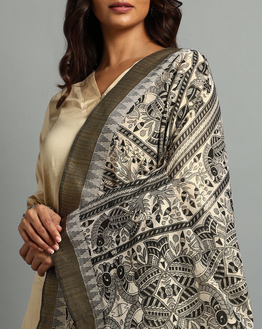 Black Madhubani Jacquard Cotton Print Dupatta