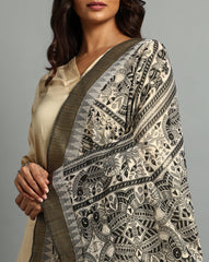 Black Madhubani Jacquard Cotton Print Dupatta