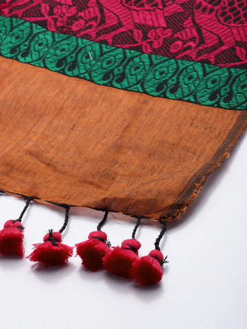 Copper Magenta Baluchari Peacock Silk Cotton Dupatta