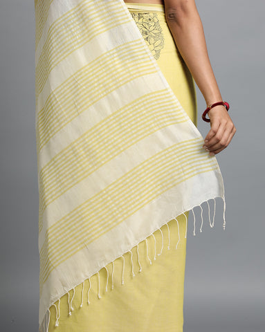 Cream Yellow Handblock print Cotton saree