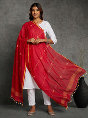 Red Handloom Jamdani Cotton Dupatta with Pompoms