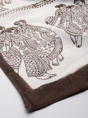 White & Brown Handloom Screen Printed Cotton  Dupatta with tassels- NEW!