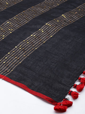 Grey Black Sequins Cotton Dupatta