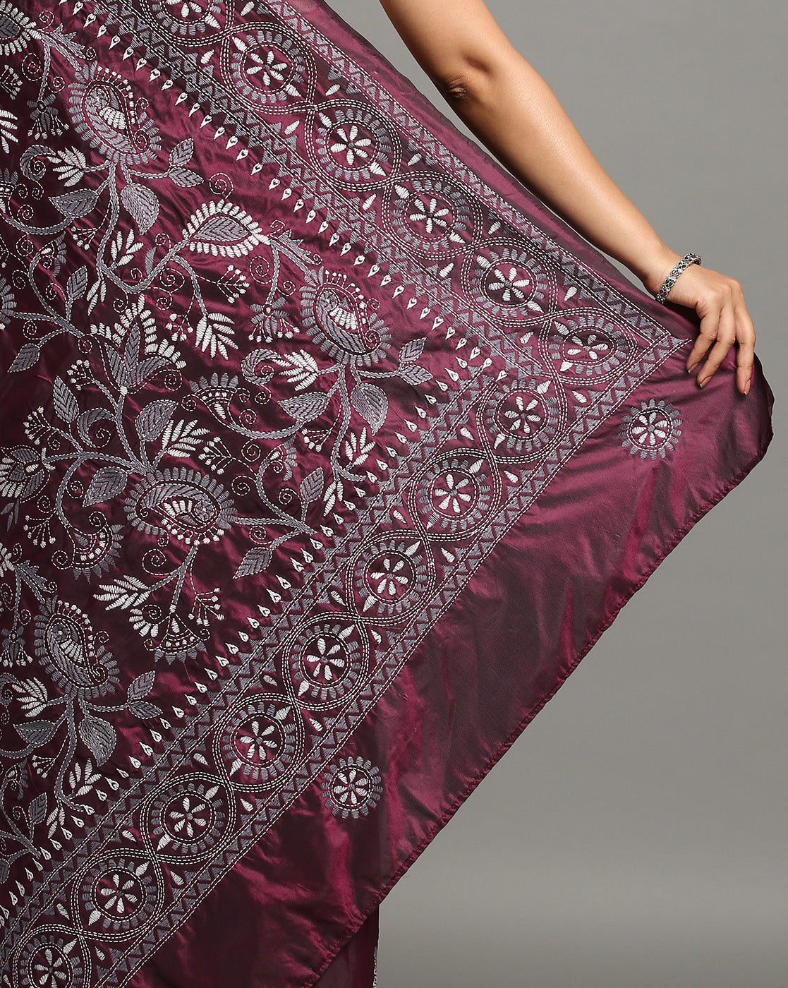 ArtEastri Maroon Grey Silk Kantha Saree with Blouse piece