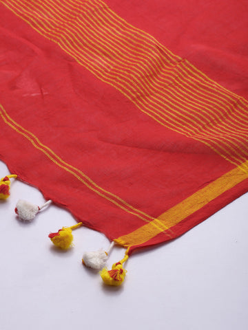 Red Handloom Jamdani Cotton Dupatta with Pompoms