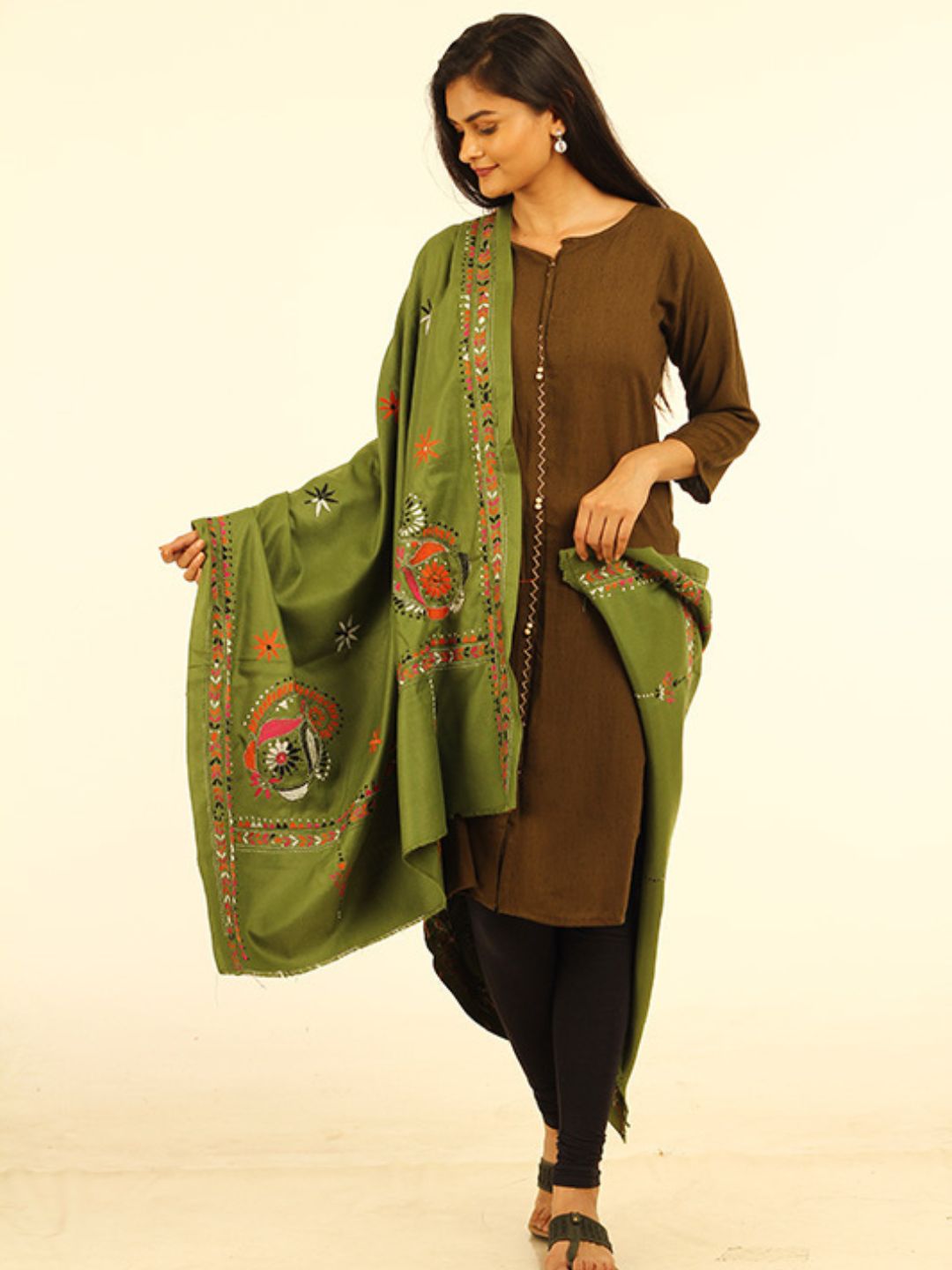 Green Kanthawork Wool Shawl