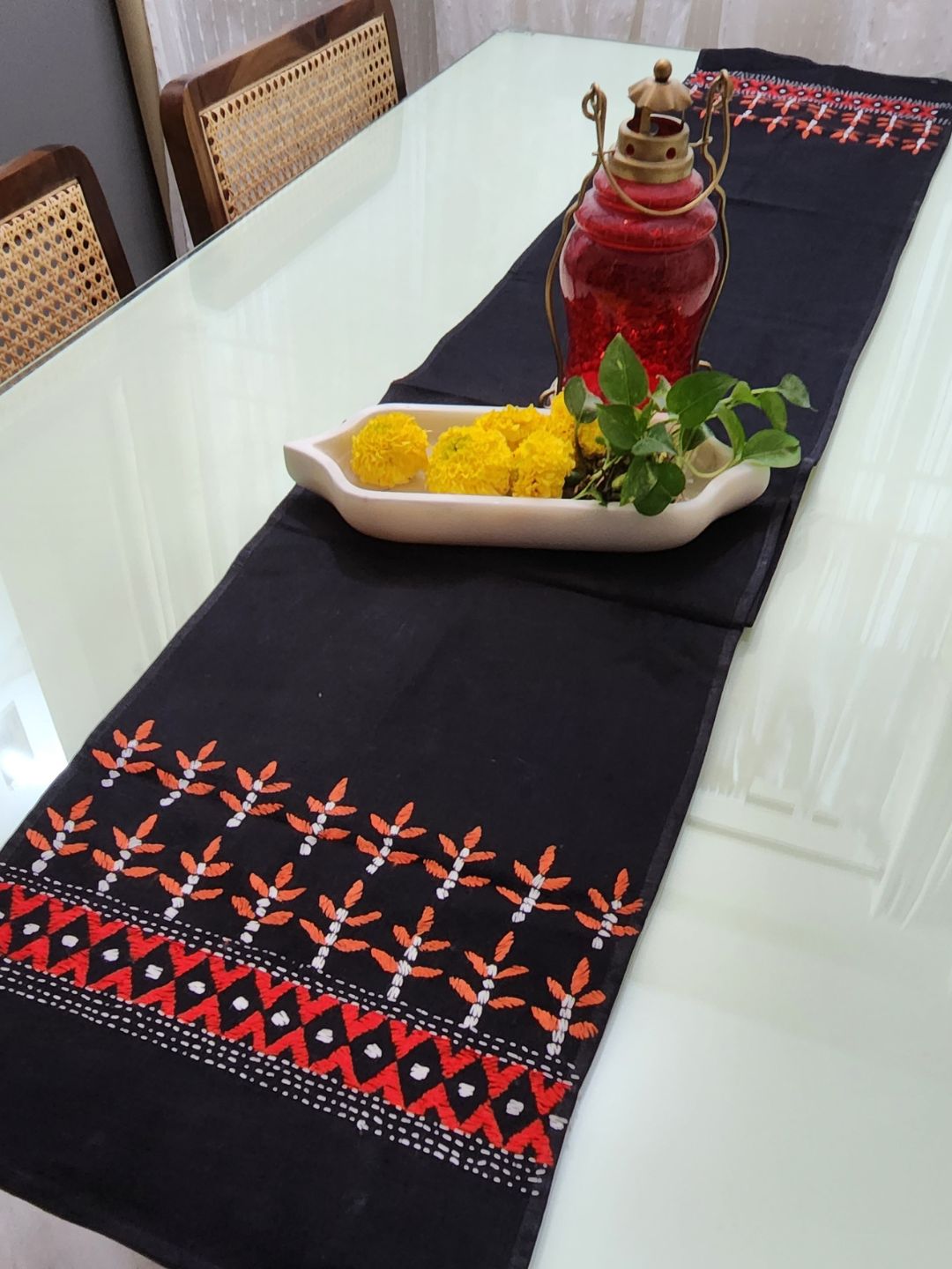 Black Floral Kantha Cotton dining Table Runner