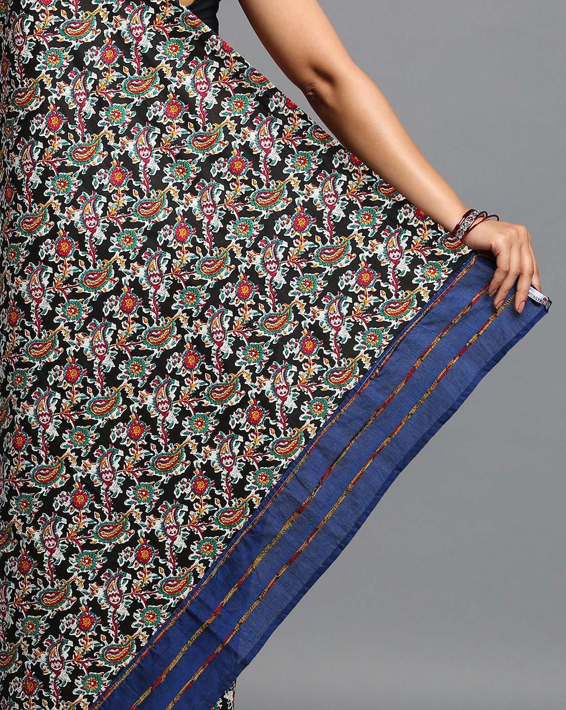 ArtEastri Dark Blue Ajrak Print Khesh Saree with Blouse piece