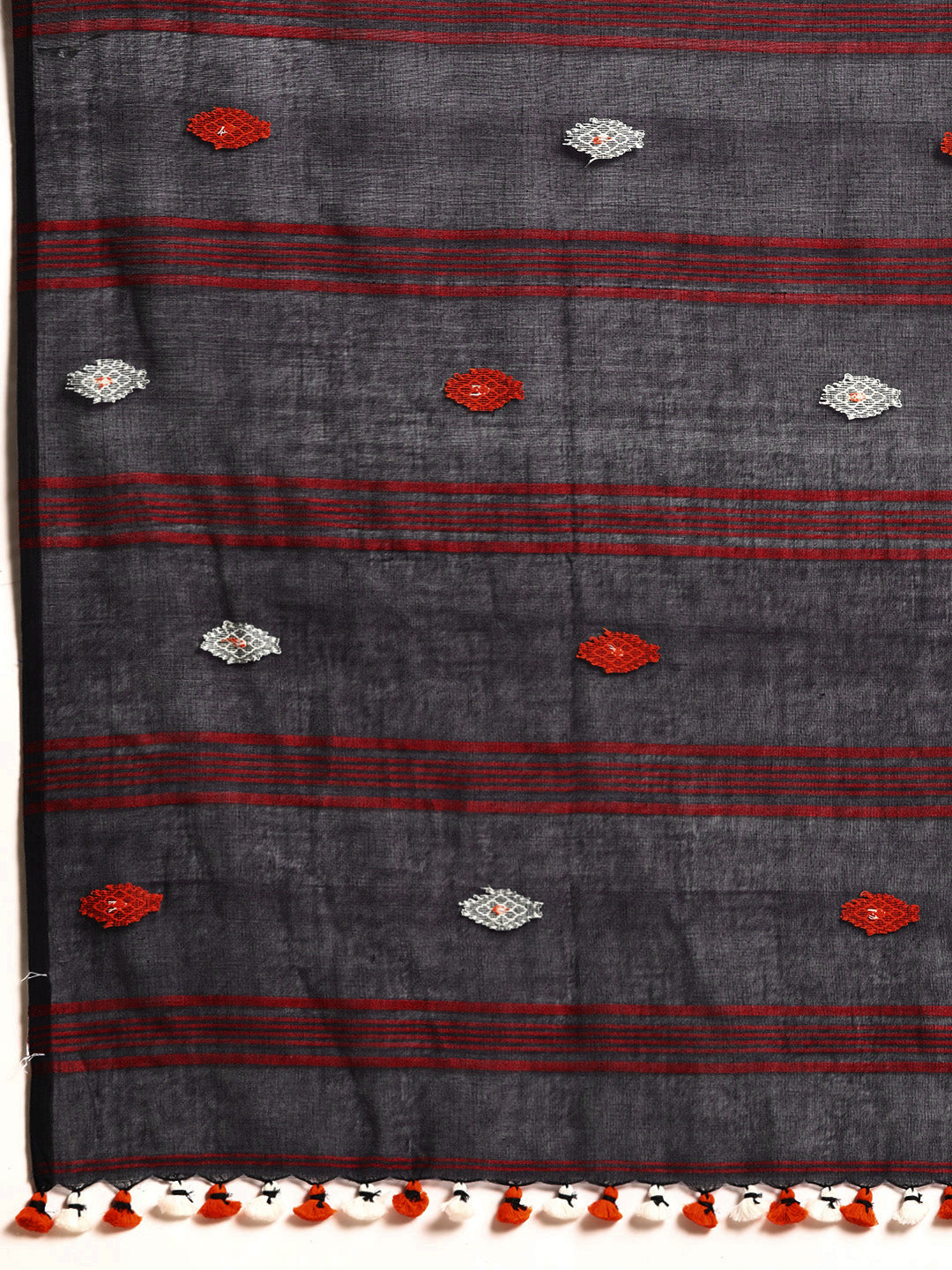Navy & Orange Handcrafted Jacquard Cotton  Saree with pompoms