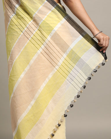 Yellow Cream Colour Block Cotton Saree with pompoms