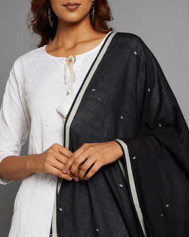 Black Blue Handloom Jamdani Cotton Dupatta with Pompoms