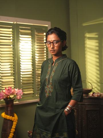 Dark Green Kantha Cotton Kurta