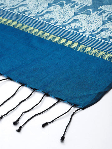 Blue White elephant Motif Cotton Baluchari dupatta Handloom