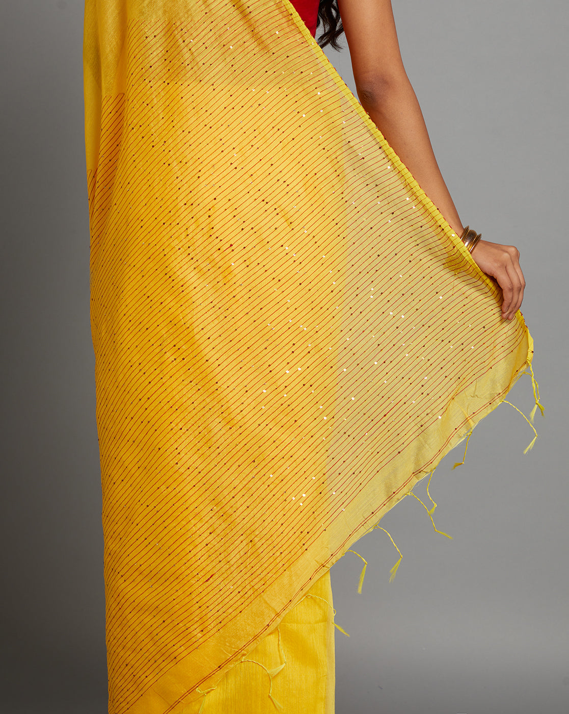 Yellow Sequins Silk Cotton Saree with Blouse Piece