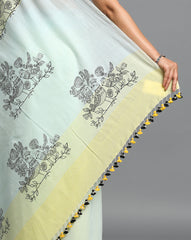 ArtEastri Sky Blue & Yellow Bird Handloom Cotton Print Saree