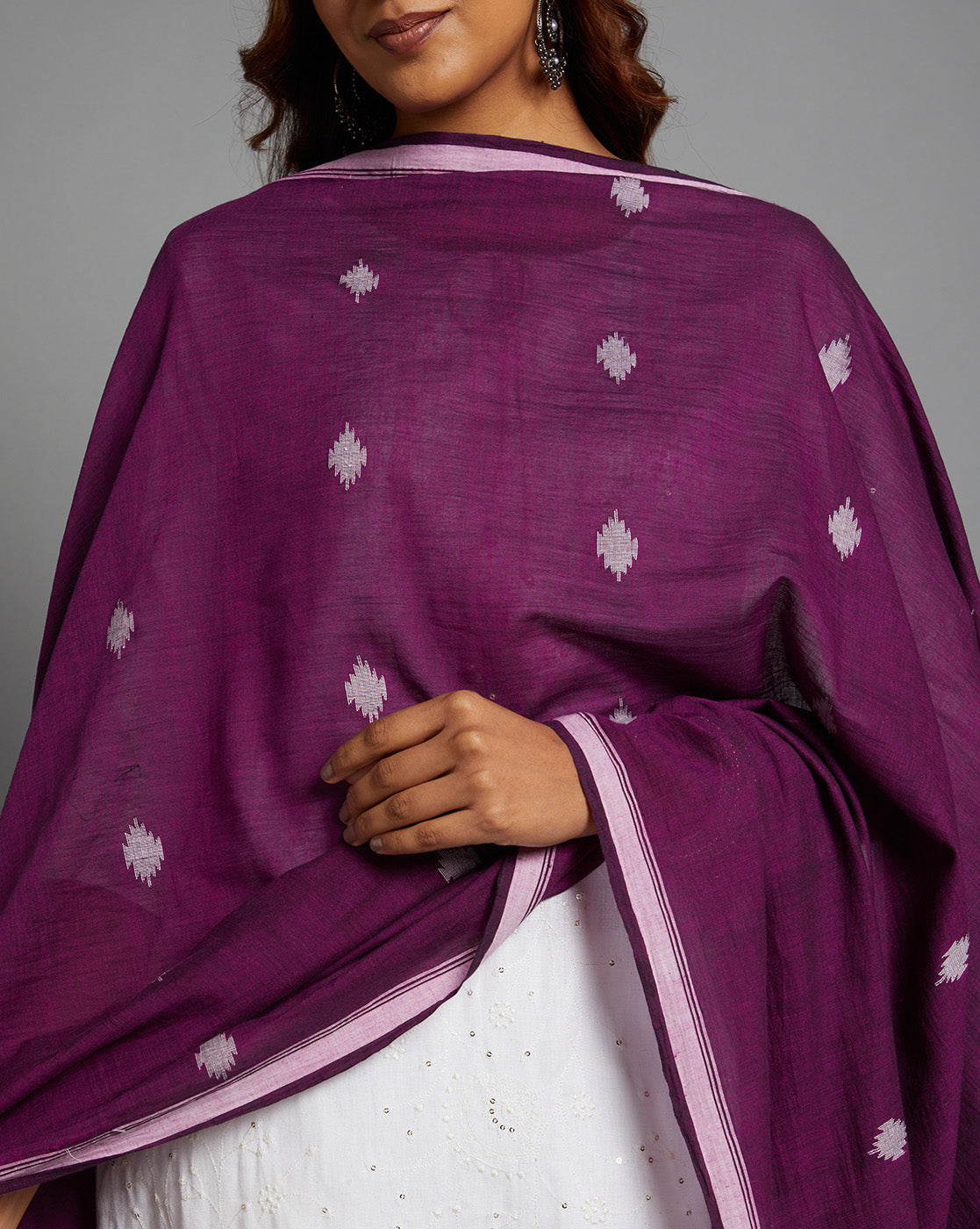 Purple Cotton Handloom Jamdani Dupatta with Pompoms