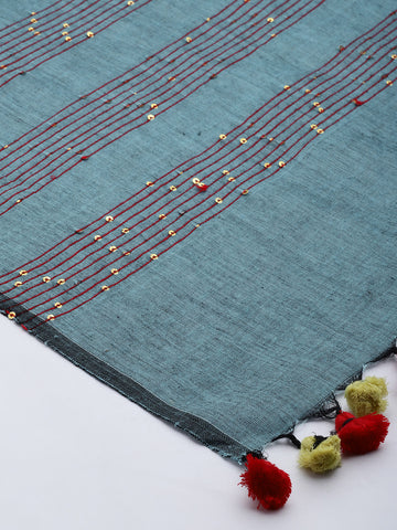 Olive Blue Sequins Cotton Dupatta
