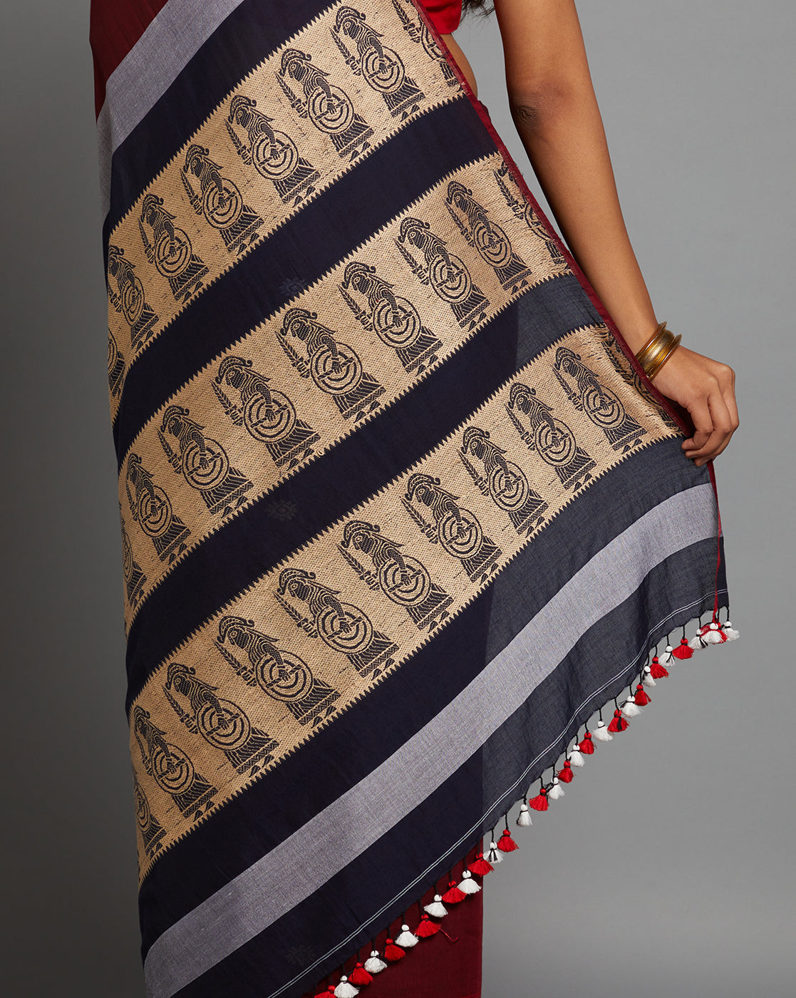 Red Black Handloom Cotton Baluchari Saree