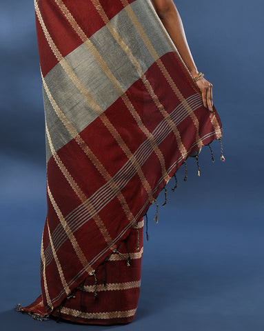 ArtEastri Maroon cotton Woven Saree with Blouse piece