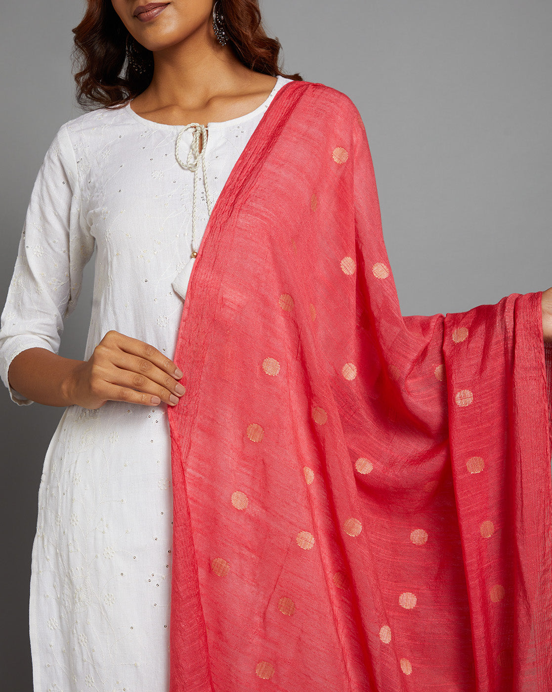 Peach Zari  Woven Jacquard Cotton Dupatta