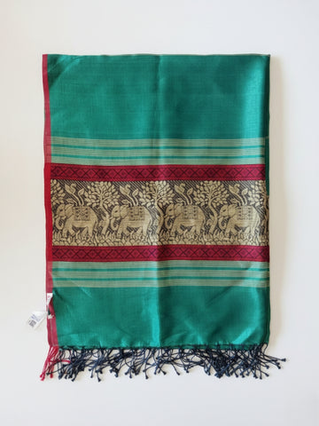 Green Red Handloom Blended Silk Baluchari Dupatta