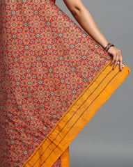 ArtEastri Yellow Red Ajrak Print Khesh Cotton Saree with Blouse piece