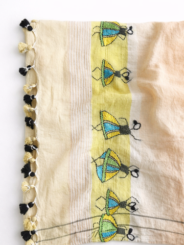 Yellow Handloom Cotton Kantha Stitch Saree with pompoms