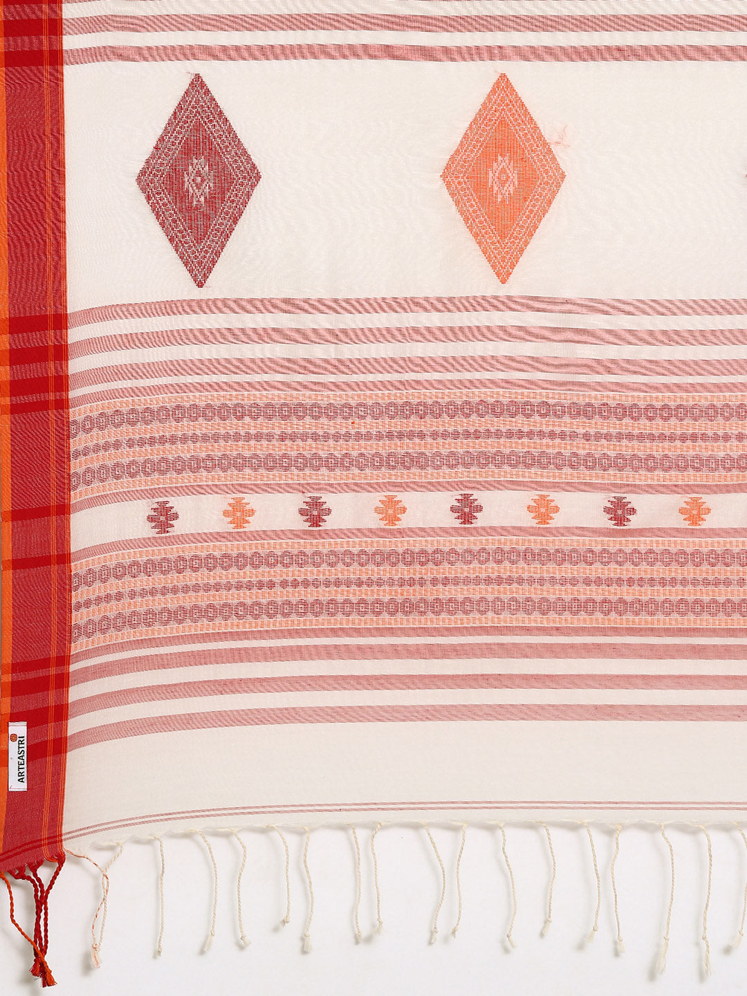 Cream Red Handcrafted Jacquard Weave Pure Cotton  Saree