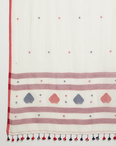 Cream  Handloom Jamdani Cotton Dupatta with Pompoms