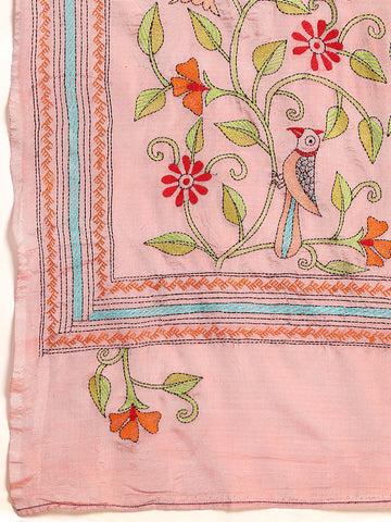 ArtEastri Light Pink Art Silk Kantha Stitch Saree With Blouse Piece