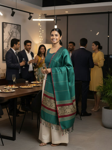 Green Red Handloom Blended Silk Baluchari Dupatta