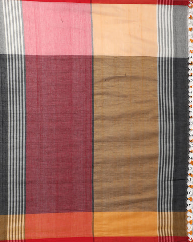 Handloom Colour block Cotton Saree with pompoms